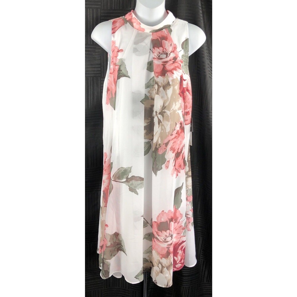 NWT Robbie Bee Sleeveless Midi Chiffon Dress 8 Wht Pnk Floral Bow MockNeck Fairy